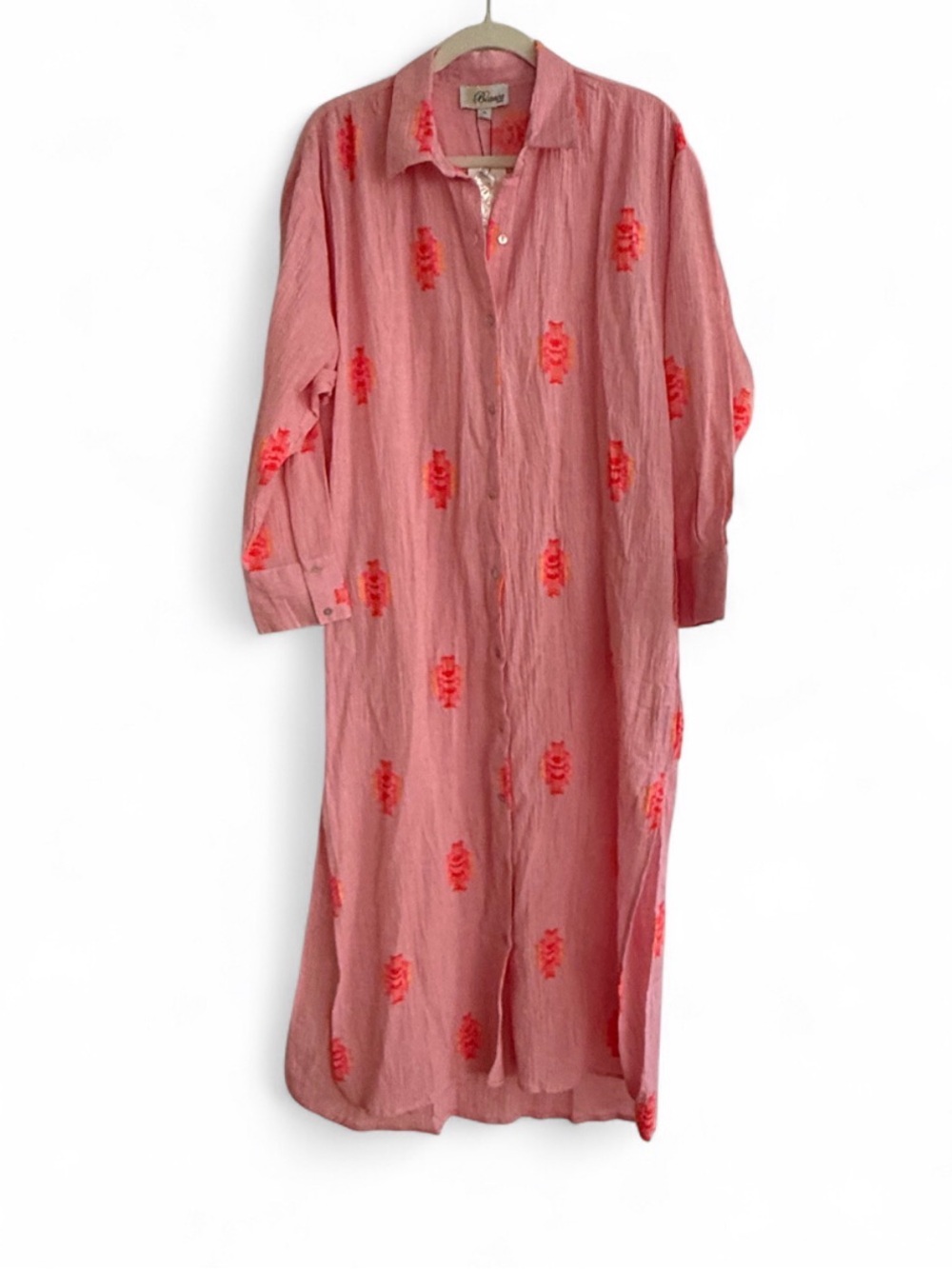 Bianca Pink Maxi Shirt Dress with Coral Embroidery